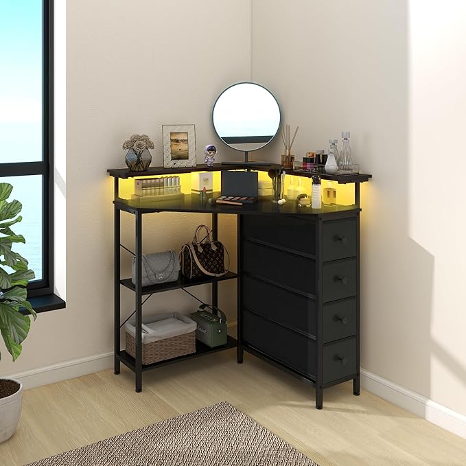 VENNQD Corner Desk with Drawers Shelves for Small Space 90 Degrees Triangle Computer Desk with Power Outlets,Gaming Desk with LED Lights Monitor Stand for Home Office Workstation Writing Table (Black)