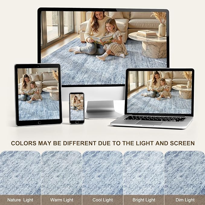 cotiled Large Area Rugs for Living Room 8x10, Machine Washable Rugs with Non Slip Backing Modern Neutral Abstract Rugs Stain Resistant Distressed Carpets for Home Office Decor (8x10 Blue)