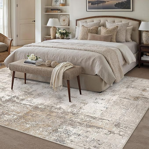 8x10 Washable Area Rug Brown Grey Abstract Non Slip Soft Low Pile Rug for Living Room Bedroom Dining Room Office Neutral Modern Indoor Large Throw Carpet for Home Decor