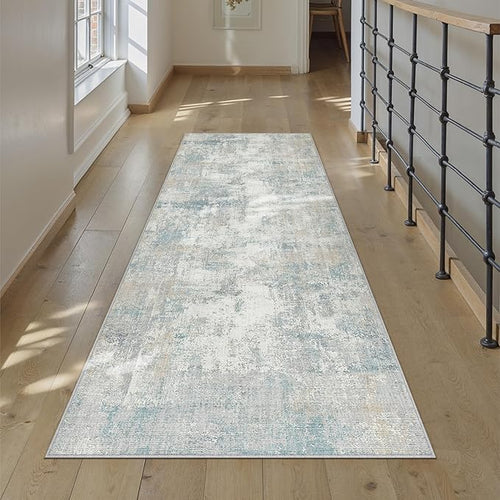 2x5 Washable Runner Rug Blue Cream Abstract Non Slip Soft Low Pile Hallway Kitchen Rug Neutral Modern Carpet for Laundry Bathroom Bedroom Living Room Home Decor