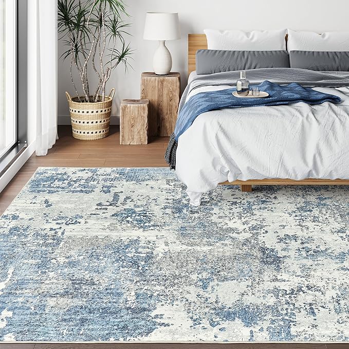 Art&Tuft Washable Rug, Anti-Slip Backing Abstract 8x10 Rug, Stain Resistant Rugs for Living Room, Foldable Machine Washable Area Rug (TPR53-Blue, 8'x10')