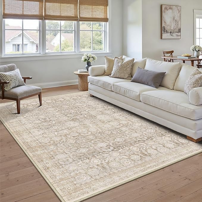 5x7 Beige Washable Neutral Area Rug for Living Room Floral Non Slip Low Pile Throw Rug Vintage Traditional Stain Resistant Carpet Bedroom Kitchen Playroom Office Dining Room