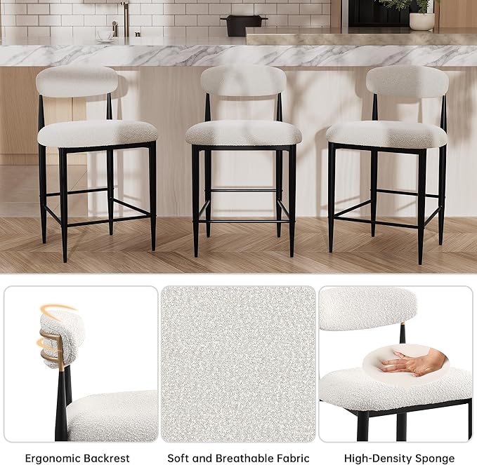 Morden Fort Counter Height Bar Stools Set of 2, Modern Cream Counter Stools with Backs and Gold Accent, 26" Boucle Upholstered Island Chairs for Kitchen and Home Bar