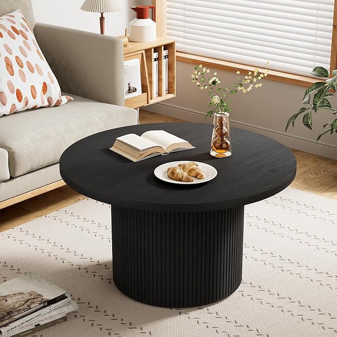 Furniway Round Coffee Table, 35.4" Circle Wide Coffee Table, Wood Table and Center Table for Living Room, Black