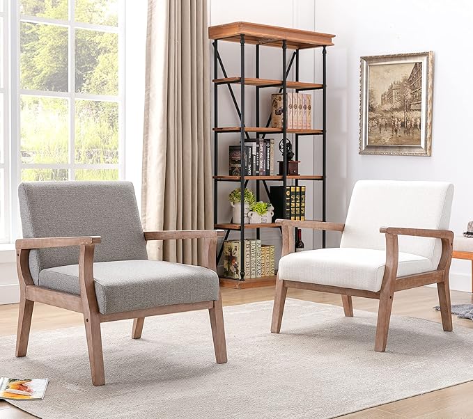 BESTANO Mid Century Modern Accent Chair Set of 2, Linen Upholstered Living Room Accent Armchair with Wood Frame, Farmhouse Chair for Living Room Bedroom, Gray