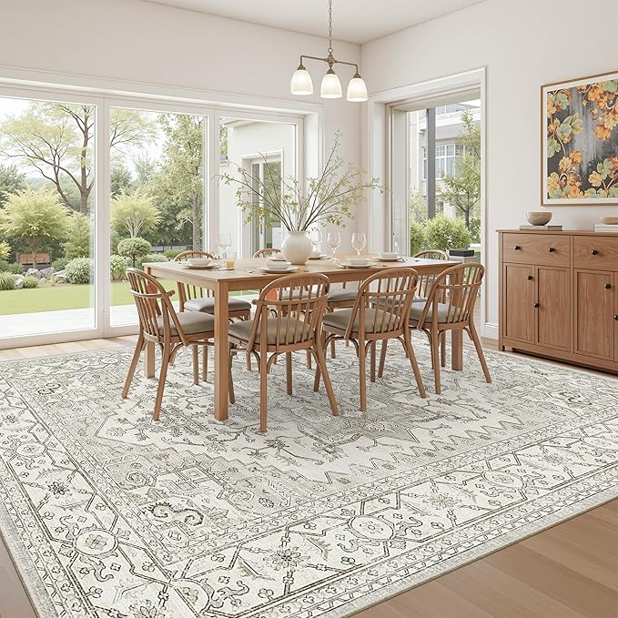 Living Room 10x14 Area Rugs, Washable Area Rug Stain Resistant Carpet Vintage Soft Rugs for Bedroom with Non Slip Backing Indoor Home Decor (10'x 14',Beige)