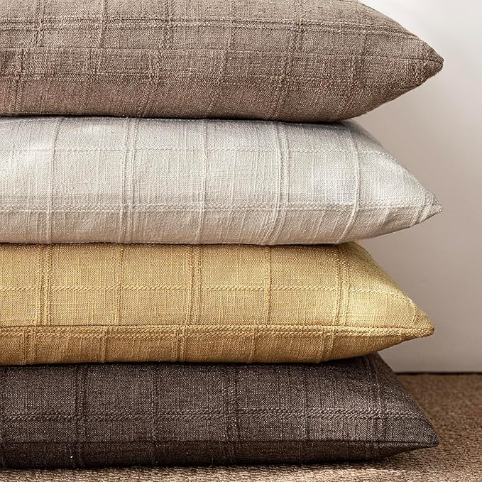 Foindtower Set of 2 Decorative Linen Check Throw Pillow Covers Neutral Farmhouse Lumbar Cushion Covers Modern Boho Accent Home Decor for Sofa Chair Couch Bedroom Living Room,12×20 Inch,Amber Gold