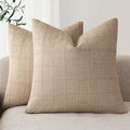 Foindtower Set of 2 Decorative Linen Check Throw Pillow Covers Neutral Farmhouse Vintage Cushion Covers Modern Coastal Boho Home Decor for Sofa Chair Couch Bedroom Living Room,24×24 Inch,Camel