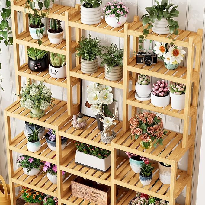 FOTOSOK Bamboo Shelf, 7 Tier Plant Stand Indoor, 3 Row Ladder Shelf, Bookshelf and Bookcase, Plant Shelves with Adjustable, Corner Display Stands, Flower Stand for Living Room Balcony Kitchen Natural