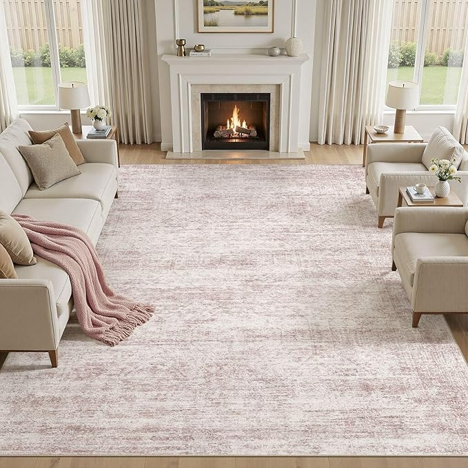 cotiled Large Area Rugs for Living Room 9x12, Machine Washable Rugs with Non Slip Backing Modern Neutral Abstract Rugs Stain Resistant Distressed Carpets for Home Office Decor (9x12 Pink)
