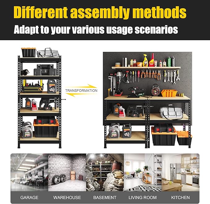 PrimeZone Storage Shelves 4 Pack 5 Tier Adjustable Garage Storage Shelving, Heavy Duty Metal Storage Utility Rack Organizer Shelf Unit for Warehouse Pantry Closet Kitchen Basement, Black