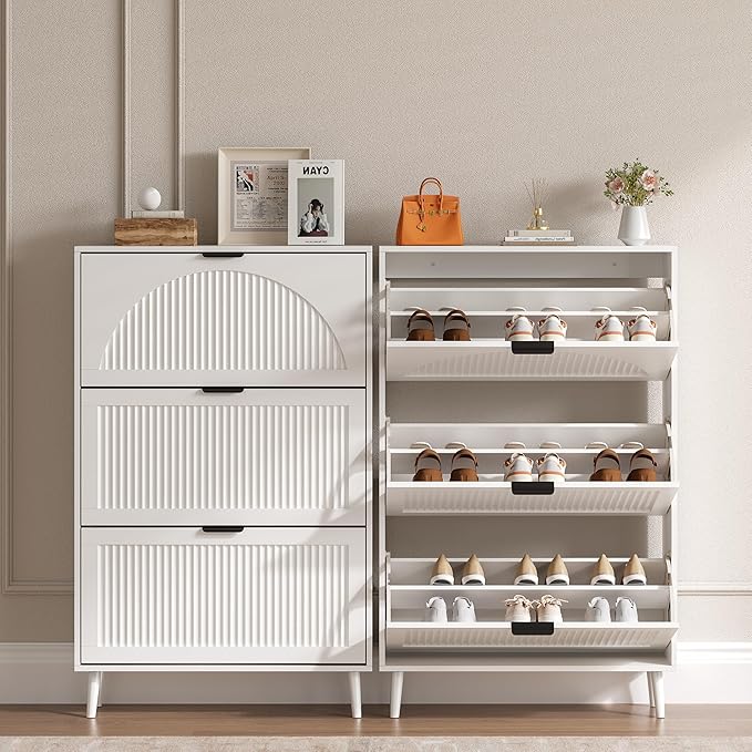BORNOON Shoe Cabinet for Entryway with 3 Flip Drawers, Slim Wooden Shoe Storage Organizer with Modern Fluted Pannel，Freestanding Narrow Hidden Shoe Rack for Hallway, Foyer, Living Room