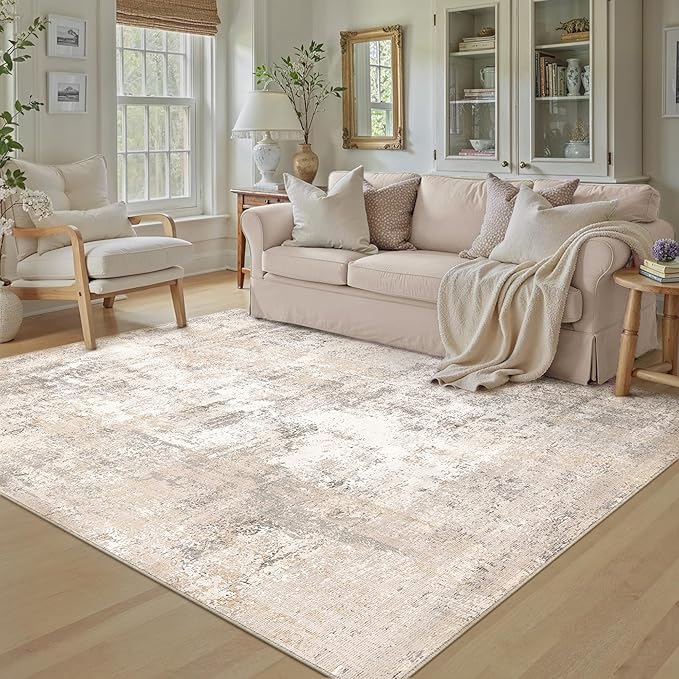 5x7 Washable Area Rug Beige Grey Abstract Non Slip Soft Medium Pile Rug for Living Room Bedroom Dining Room Office Neutral Modern Indoor Throw Carpet for Home Decor