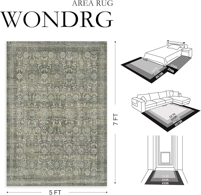 5x7 Washable Neutral Area Rug for Living Room Floral Non Slip Low Pile Throw Rug Vintage Traditional Stain Resistant Carpet Bedroom Kitchen Playroom Office Dining Room