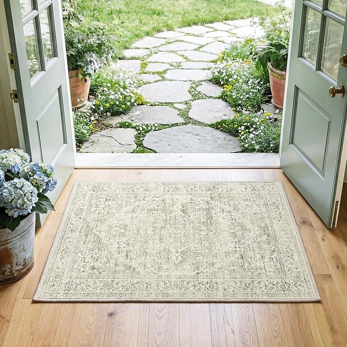 FMFUNCTEX Entryway Rug 2x3 Washable Green Neutral Vintage Distressed Oriental Door Mat Non Slip Low Pile Indoor Carpet Soft Retro Small Throw Area Rugs for Entry Way Entrance Bedroom Kitchen Bathroom