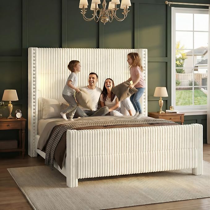 Queen Bed Frame with 56.7" Tall Headboard & Reading Lights, Corduroy Upholstered Wingback Platform Bed with Charging Station, Modern Retro Design, Noise Free, No Box Spring Required, Cream