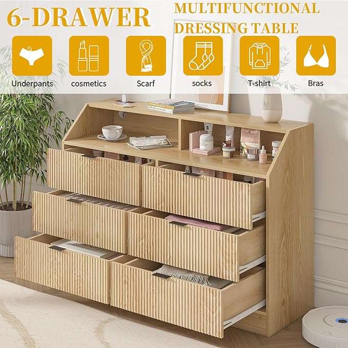 Fluted Dresser for Closet, Boho Bedroom 6 Drawer Dresser TV Stand with Charging Station, Oak Wide Chest of Drawers, Farmhouse Wood Closet Clothes Storage for Living Room, Metal Handle, 47"