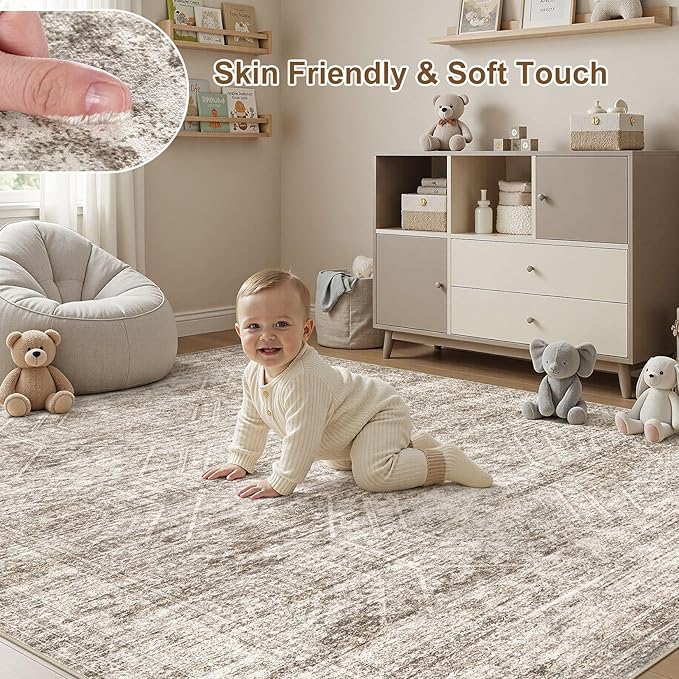 cotiled Large Area Rugs for Living Room 6x9, Machine Washable Rugs with Non Slip Backing Modern Neutral Abstract Rugs Stain Resistant Distressed Carpets for Home Office Decor (6x9 Dark Brown)