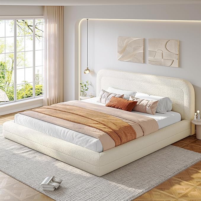 Homkdom King Size Bed Frame and Headboard, Upholstered Cloud Bed Frame, Anti-Collision Soft Rounded Corners, Boucle Platform Bed for Apartments, Guest Rooms, No Box Spring Needed,Beige