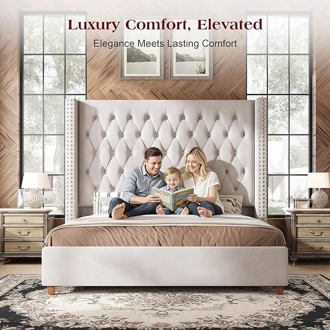 PaPaJet King Size Bed Frame with 61.4" Tall Headboard, Velvet Upholstered Platform and Handmade Deep Button Tufting, No Box Spring Required, Cream