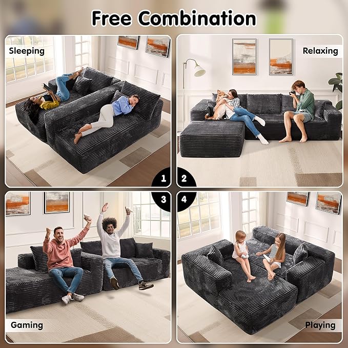 ovios 104" Cloud Boneless Couch with L-Shape Chaise,Modern Sectional Modular Sofa with Deep Seat, Upholstered Couches for Living Room Bedroom,No Assembly Required, Grey (Plush Corduroy Fabric)