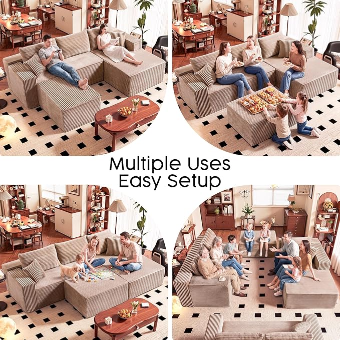 No Assembly Cloud Modular Sectional Sofa，108" U-Shape Corner Couch with Ottoman - Plush Corduroy, Deep Seating, Right Chaise (Camel) | Modern Minimalist Living Room Furniture