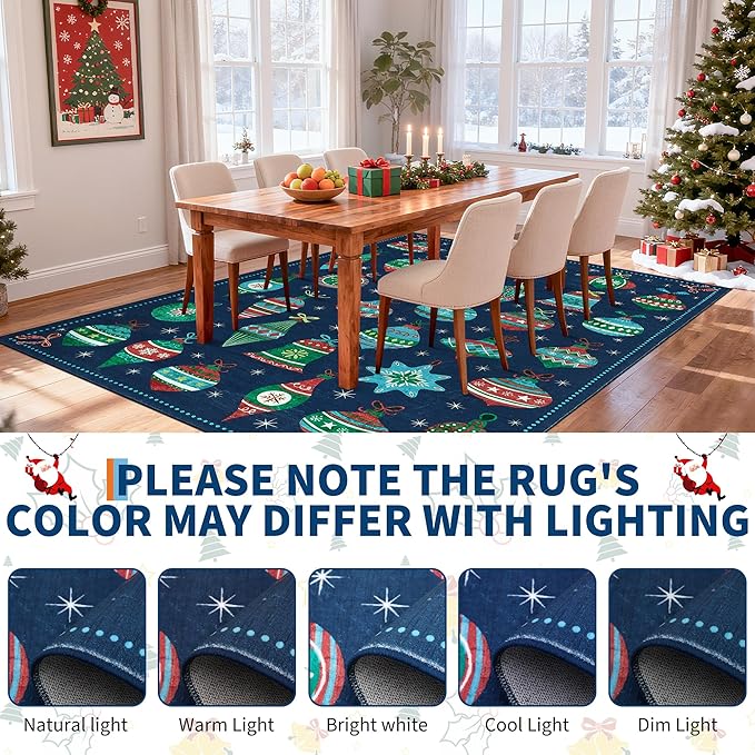 Christmas Area Rug 8x10 Rugs Washable Living Room Rug Xmas Holiday Decor Rugs Christmas Ball Low Pile Boho Rug Indoor Floor Carpet for Bedroom Kitchen Dining Room Home(Xmas Blue, 8'x10')
