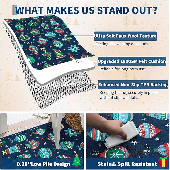 Christmas Area Rug 8x10 Rugs Washable Living Room Rug Xmas Holiday Decor Rugs Christmas Ball Low Pile Boho Rug Indoor Floor Carpet for Bedroom Kitchen Dining Room Home(Xmas Blue, 8'x10')