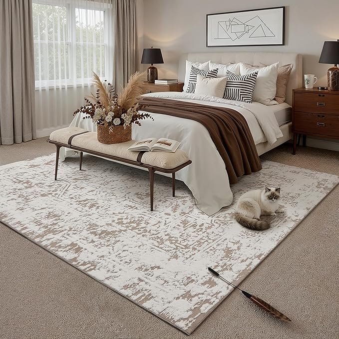 6x9 Fluffy Area Rug Brown Shag Neutral Carpet for Living Room Soft Medium Pile Floral Rug for Bedroom Dorm Office Dining Room Kitchen Nursery Modern Decor