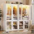 PAKASEPT Armoire Wardrobe Closet Door, Bedroom Closet Wardrobe Cabinet with Hanging Rod, Lighted Freestanding Armoire Storage Cabinet for Bedroom Cloakroom White (White&Full Glass Door)