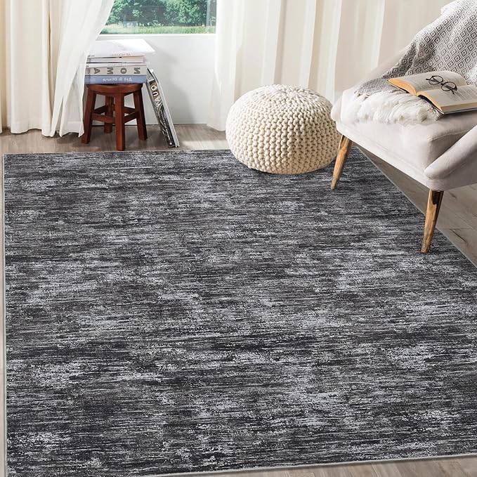 RUGSREAL Living Room Area Rug 9x12 Machine Washable Rug Non-Slip Stain Resistant Modern Abstract Bedroom Rug Contemporary Accent Floor Carpet for Dining Room Solid Area Rug for Home Office, Dark Grey