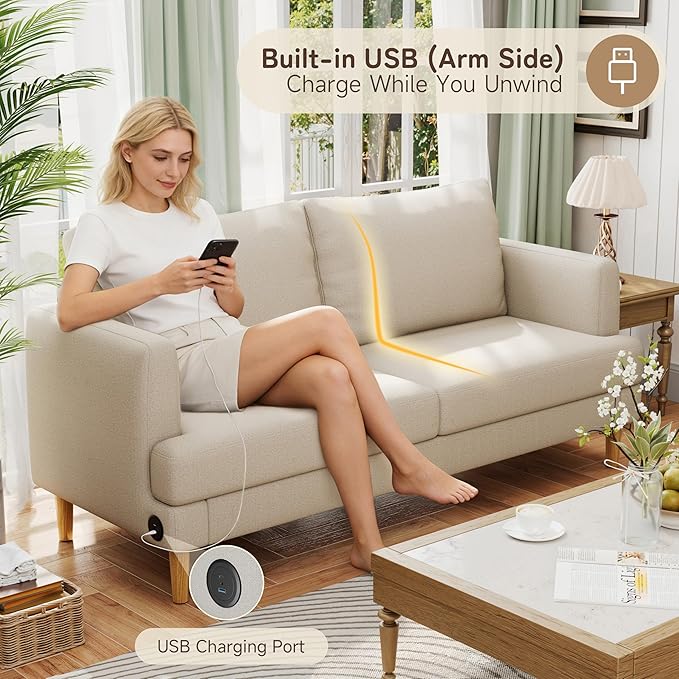 70" Modern Loveseat Sofa with USB Type-C Ports, Linen Fabric 2-Seater Deep Seat Couch, Cozy Small Couch Sofa for Living Room Bedroom Office Apartment (Beige)