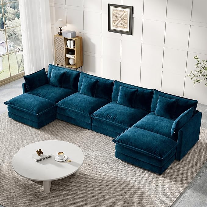 Modular Sectional Sofa, 146.5 Inch U-Shaped Cloud Sofa with Deep Seat Chenille Sofa with Cushions, Four Seater Sectional Sofa for Living Room Apartment, Blue