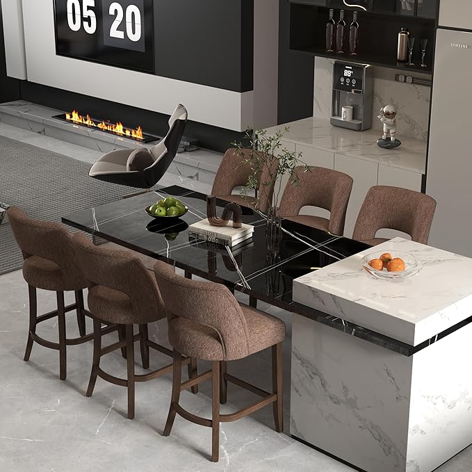 VKNOW Bar Stools Set of 6, 26" Upholstered Counter Height Bar Stools, Modern Counter Stools with Wood Legs for Kitchen Island Dining Room Bar, Brown