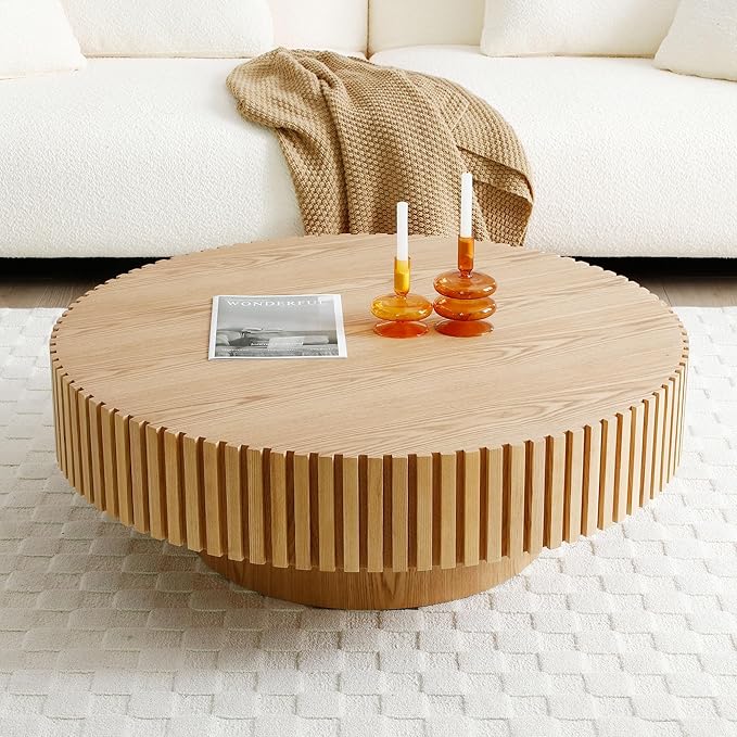 39.4" Oak Round Coffee Table Wood, Modern Drum Fluted Circle Coffee Table for Living Room, Contemporary Low Center Table Side Table for Apartment, Farmhouse, Office, mesa de Cafe, Natural Ash