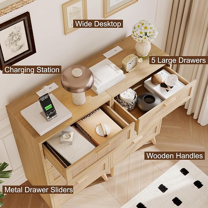 Rovaurx Modern 5 Drawer Dresser for Bedroom, 42.7" Tall Rattan Chest of Dressers with Charging Station, Dresser Chest with Wooden Handles, Beside Table for Closet, Living Room and Entryway, Natural
