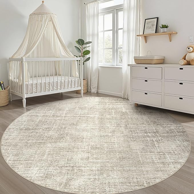 10ft Round Rug Living Room: 10x10 Washable Large Neutral Brown Circle Area Rug Abstract Soft Modern Stain Resistant Indoor Floor Non-Slip Carpet for Bedroom Nursery Kids Office Playroom Dining Room