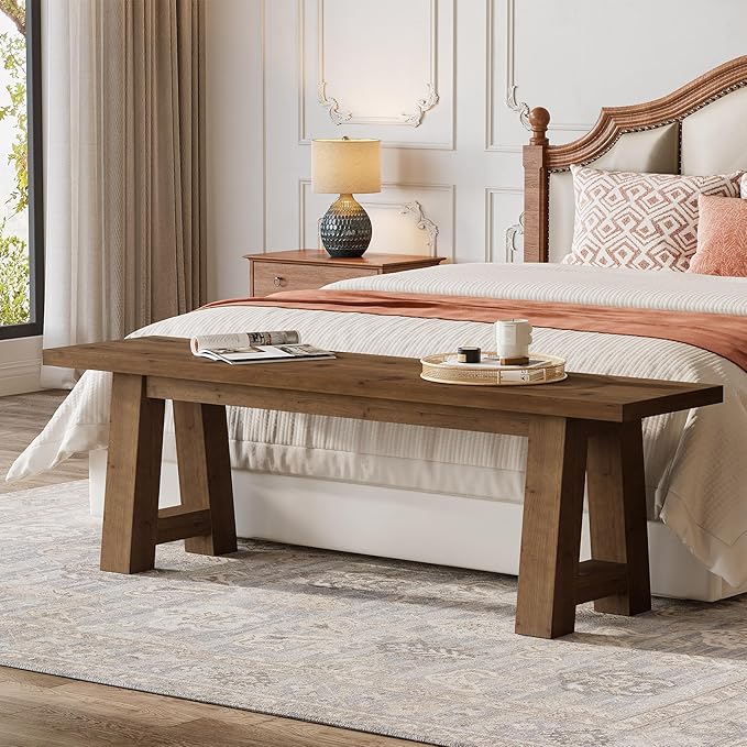 55" Solid Wood Bench, Farmhouse Long Entryway Bench for Living Room, Dining Room, Dark Brown