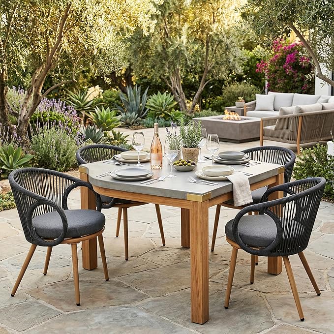 Modern Outdoor Dining Chair Set of 4 with Cushion, Scandinavian Rope Woven Patio Armchairs, Wood-Look Metal Frame, Weather-Resistant Balcony Backyard Dining Seating, Dark Grey