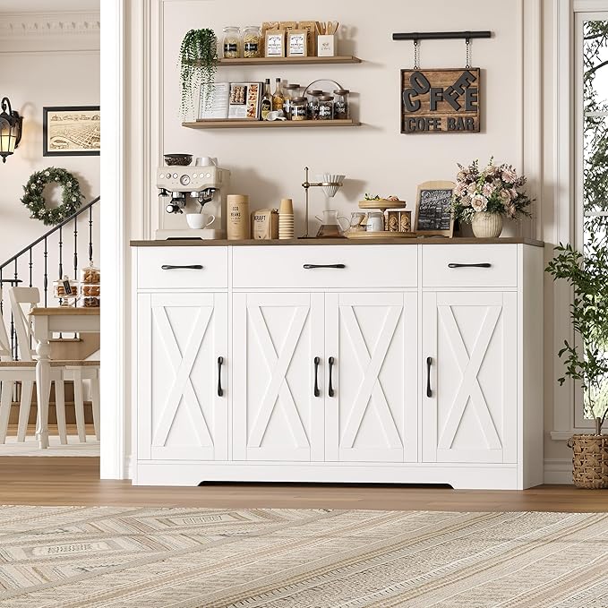 HOSTACK Buffet Cabinet with Drawers, 55" Large Sideboard Buffet Storage Cabinet with Shelves and Doors, Modern Farmhouse Coffee Bar Station Wood Kitchen Table for Kitchen, Dining Room, White/Rustic