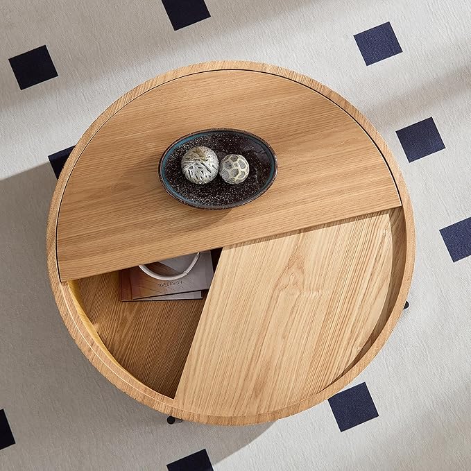 Modern 31.5” Round Coffee Table, Small Center Table with Large Built in Storage, MDF Wood Side Table, Dinning Table for Living Room, Apartment, Small Space.(Natural)