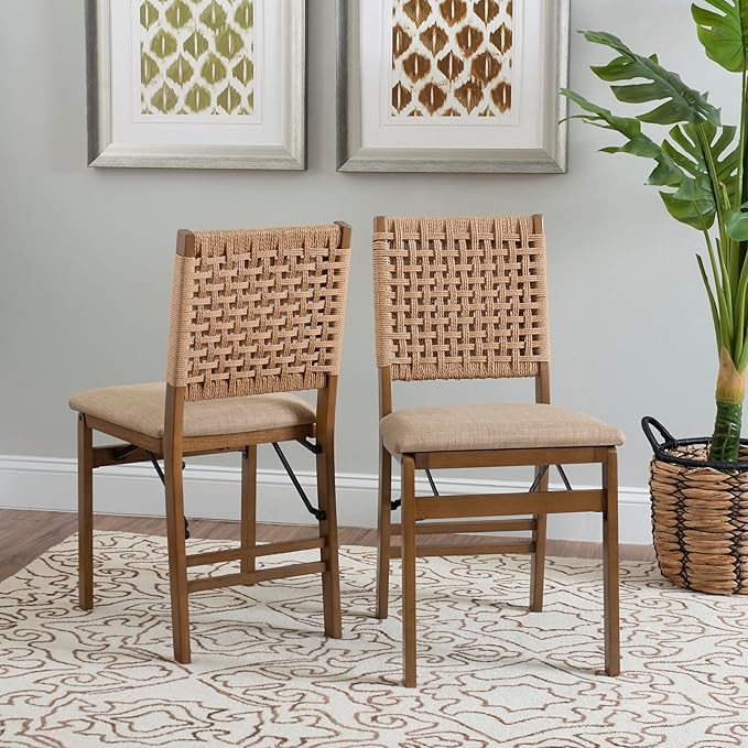 Linon Bennett Natural Folding Chair with Woven Rope Back and Linen Upholstered Seat Set of 2