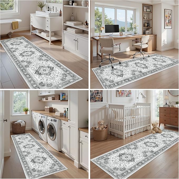 Runner Rug 2'x6' Washable Vintage Area Rugs for Hallway Non Slip Laundry Rug Runner Boho Floor Carpet Runners for Entryway Laundry Room Kitchen Bathroom (2'x6',Grey)