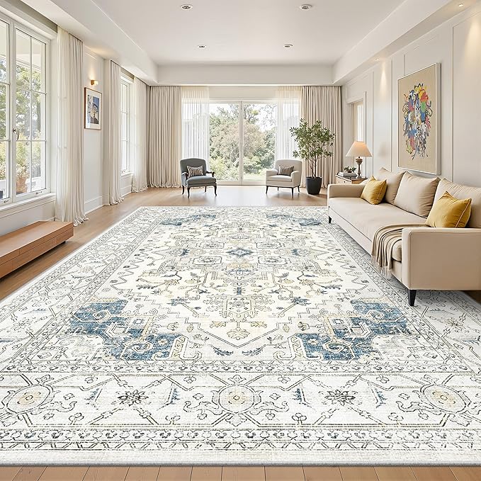 Living Room 10x14 Area Rugs, Washable Area Rug Stain Resistant Carpet Vintage Soft Rugs for Bedroom with Non Slip Backing Indoor Home Decor (10'x 14',BeigeBlue)