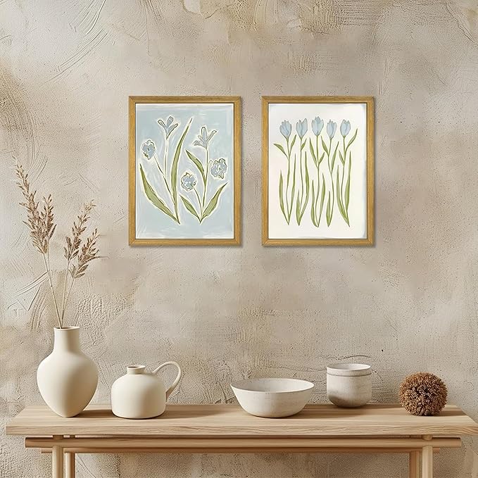 wanyun Blue Tulip Flower Wall Art Set of 2, Watercolor Floral Preppy Canvas Poster Prints, Modern Botanical Painting Aesthetic Picture for Living Room Bedroom Bathroom Apartment Wall Decor 12x16 Inch Framed