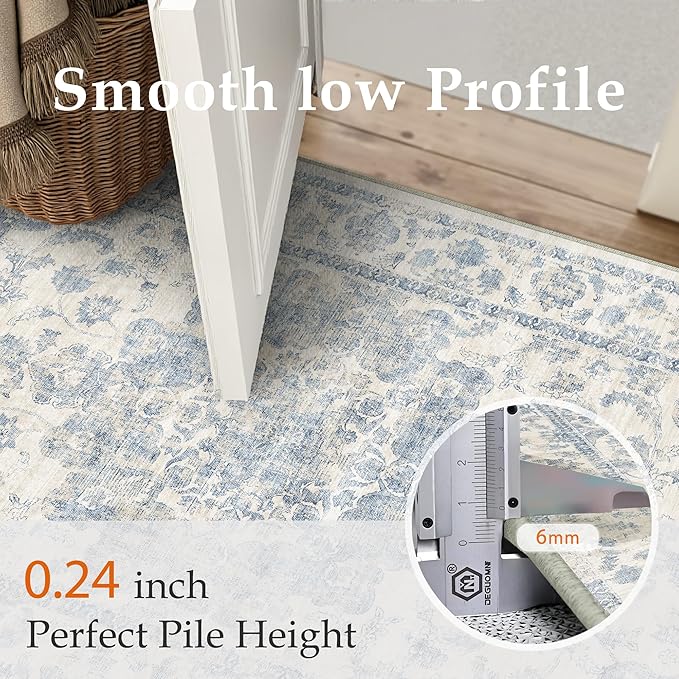 12x15 Neutral Area Rug Blue Vintage Living Room Bedroom Washable Carpet Non-Slip Soft Low Pile Farmhouse Indoor Extra Large Throw Rug for Dining Room Office