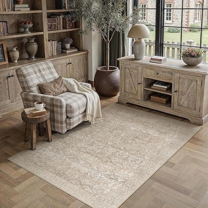 PureCozy Washable Rug 3x5, Entryway Beige Indoor Non Slip Small Low Plie Thin Bedroom Kitchen Area Rugs Retro Accent Throw Office Vintage Carpet for Nursery Under Coffee Table