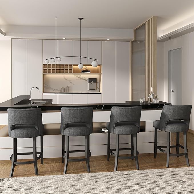 VKNOW Bar Stools Set of 2, 26" Upholstered Counter Height Bar Stools, Modern Counter Stools with Black Legs for Kitchen Island Dining Room Bar, Dark Grey-Black Legs