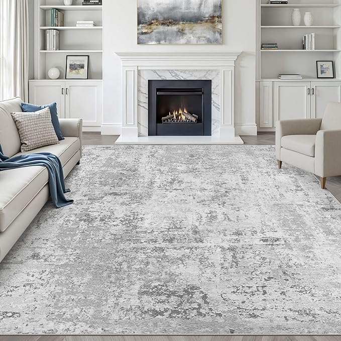 8x10 Area Rugs Living Room: Washable Large Neutral Rug Abstract Soft Modern Stain Resistant Indoor Floor Non-Slip Carpet for Bedroom Nursery Kids Office Playroom Dining Room Under Table- Light Gray