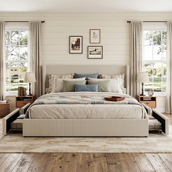 IDEALHOUSE King Size Bed Frame with Storage Drawers, Corduroy Upholstered Platform Bedframe with Wingback, Headboard and Footboard, No Box Spring Needed, Beige